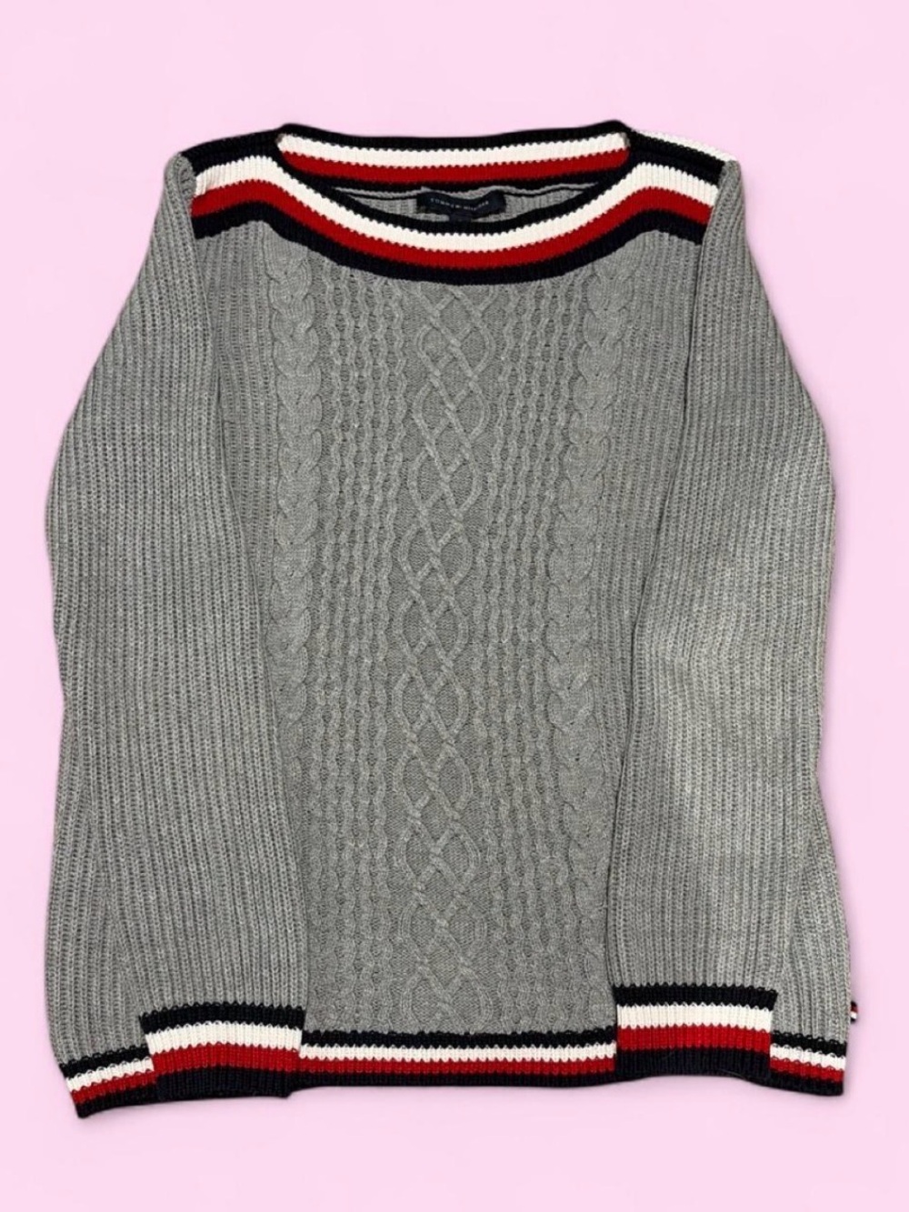 Tommy Hilfiger Grey Cable Knit Crew Sweater with Red, Black & White Trim